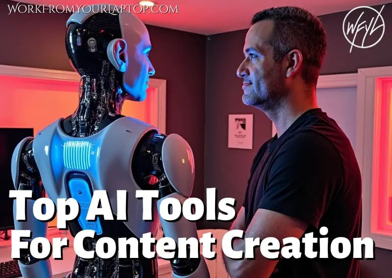 Content creator standing beside a humanoid robot in a studio with the words top AI tools for content creation