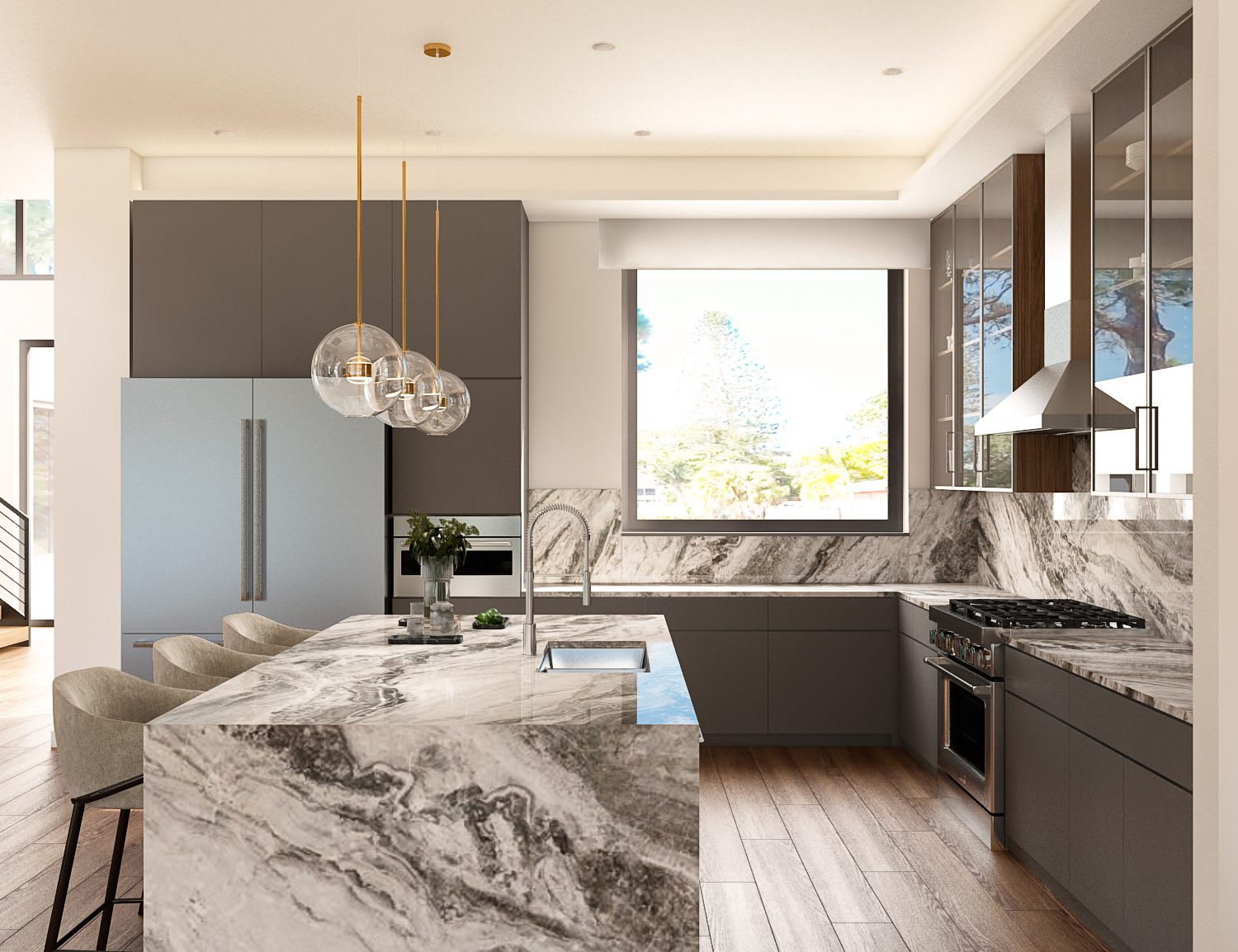 Modern custom kitchen cabinets with dark island in Tampa Bay home