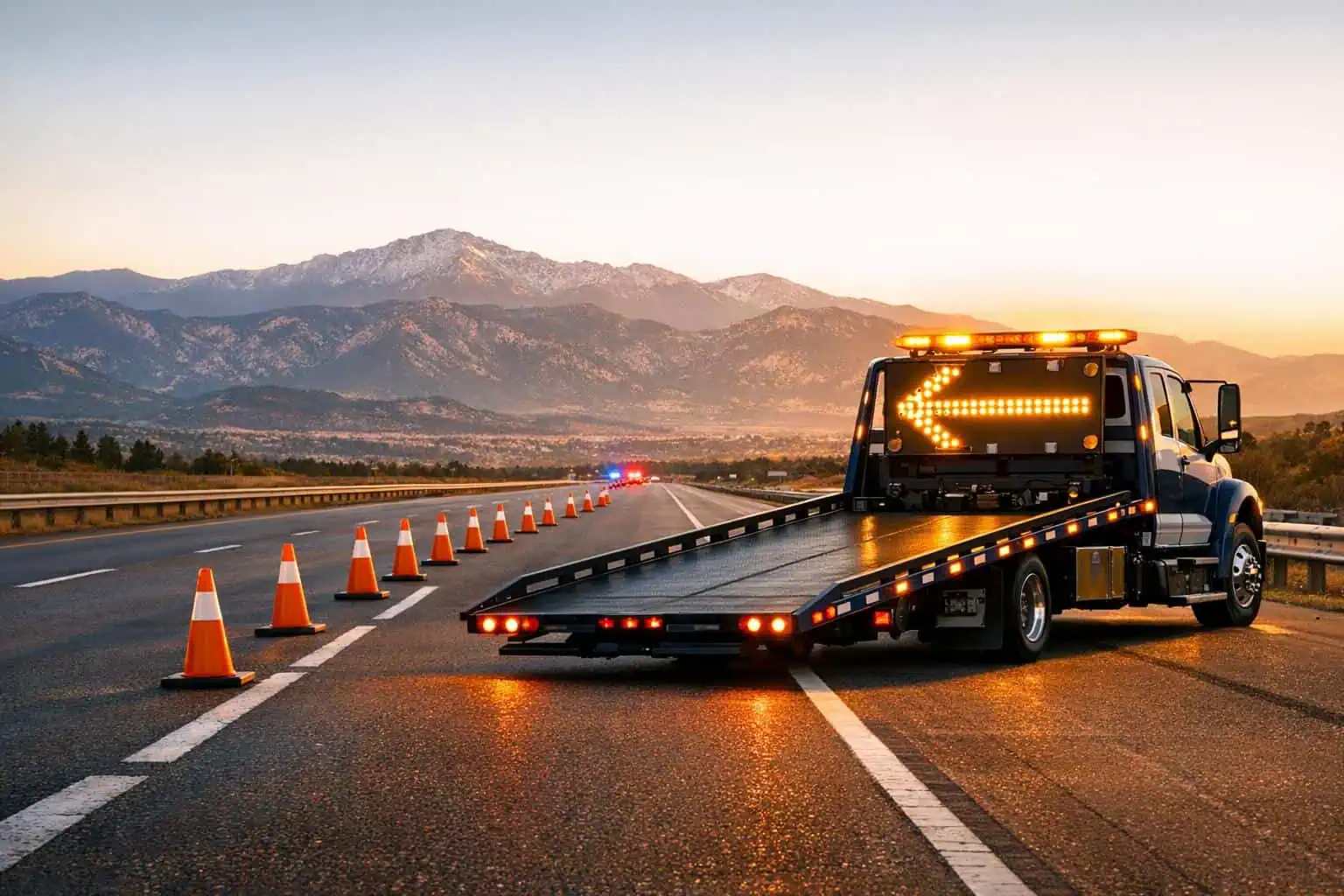 Tow truck parked on a highway at dusk with traffic cones