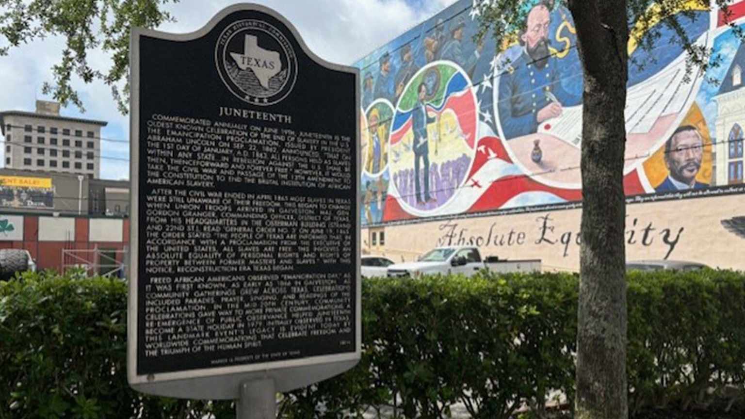 Juneteenth marker and Absolute Equality mural in Galveston, Texas.