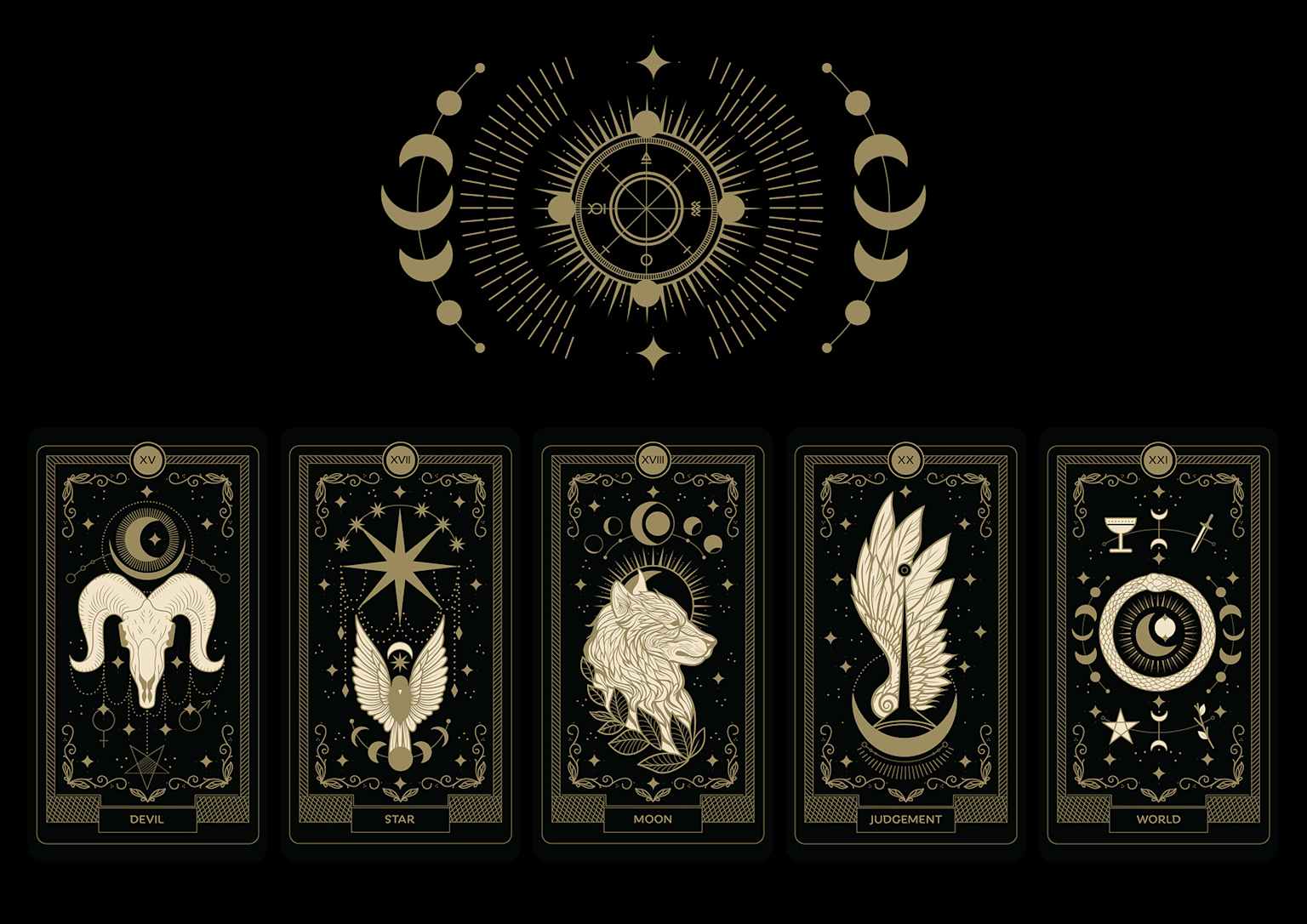 Cartas de Tarot em estilo místico sobre fundo escuro