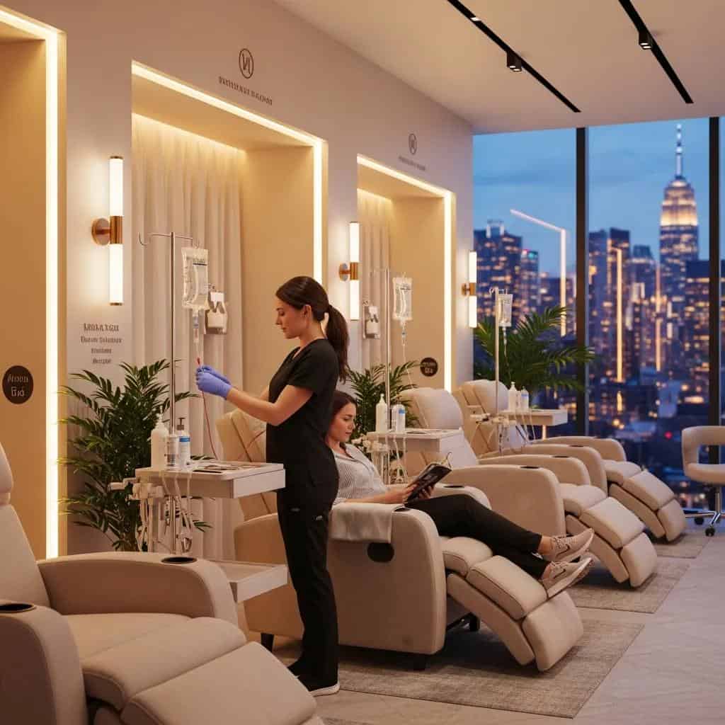 Nurse administering IV therapy in a calm lounge