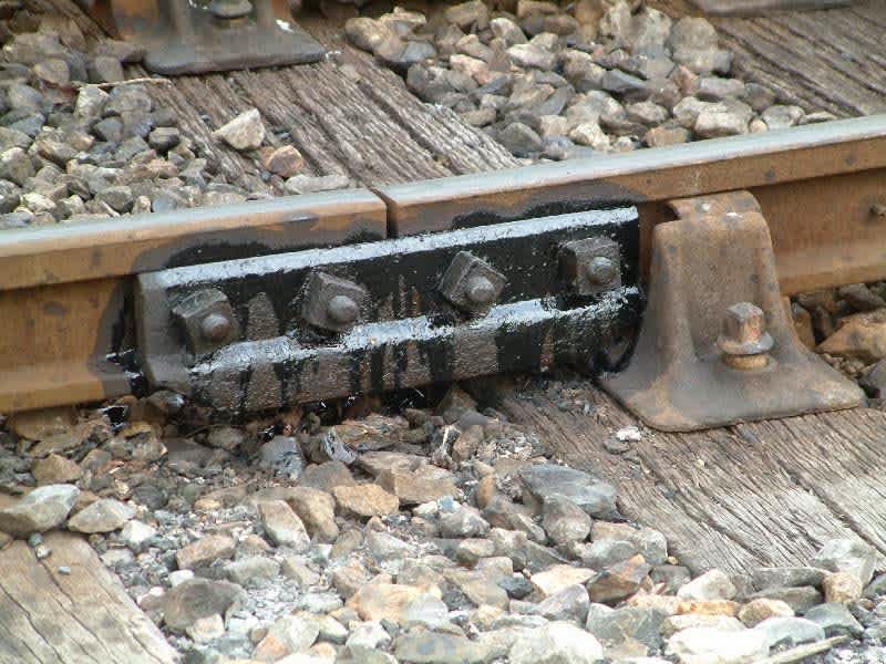 Railway track expansion gap showing the joint between two rail sections