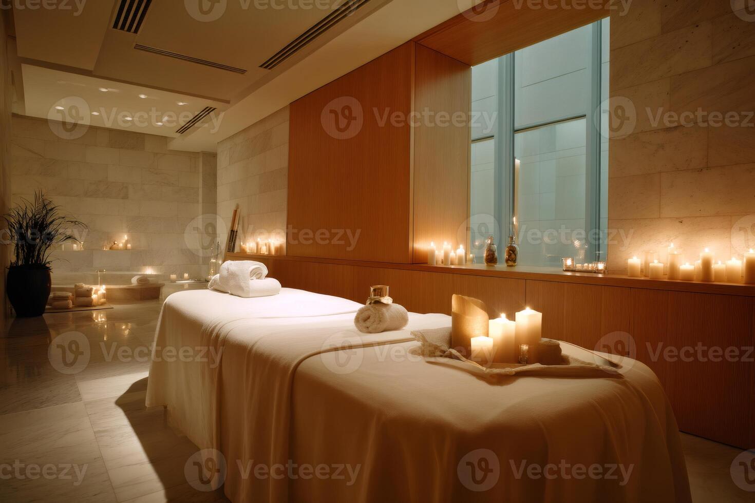 Deux tables de massage entourées de bougies dans un spa élégant