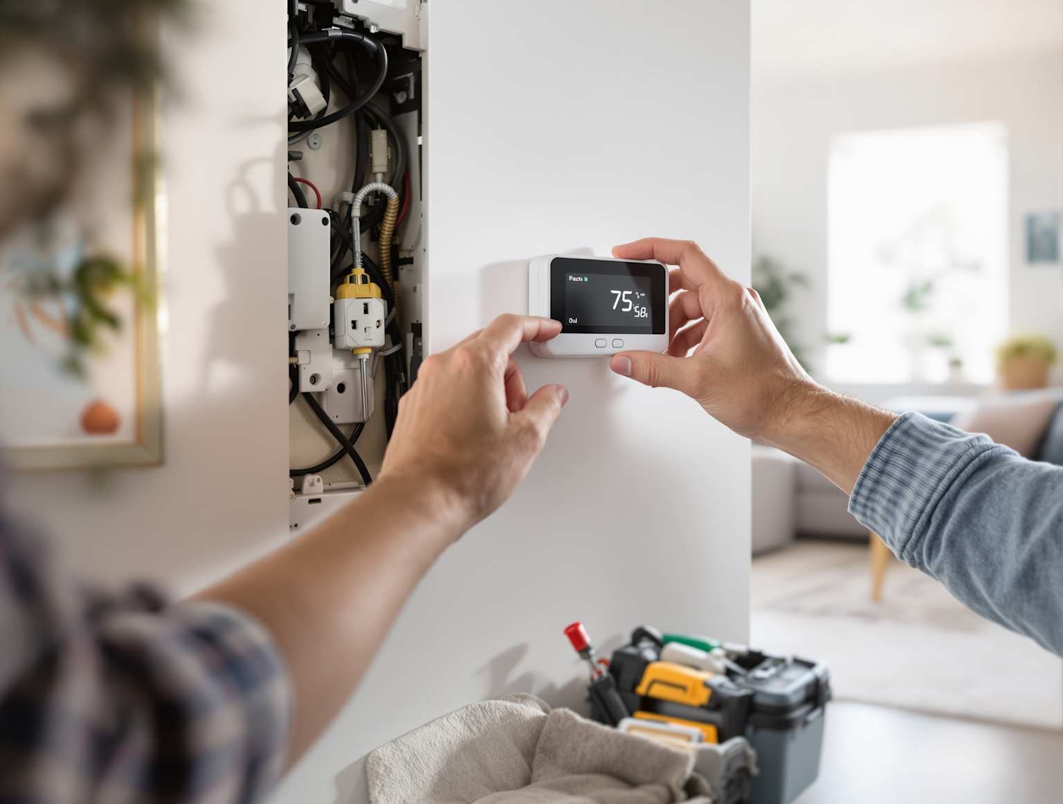 Hands installing a smart thermostat on a wall, connecting wires to terminals