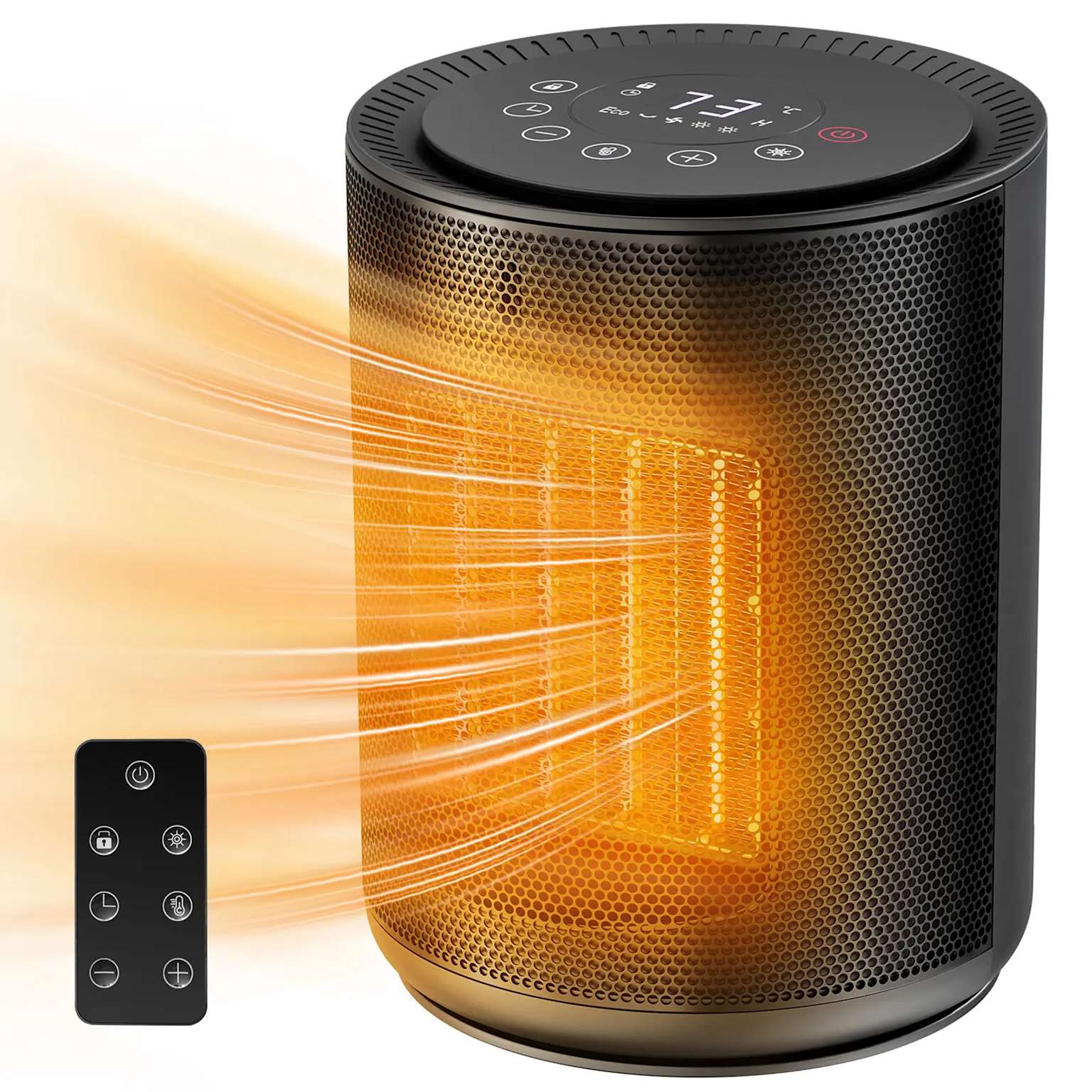 A modern 1500-watt ceramic space heater with a digital thermostat for efficiency