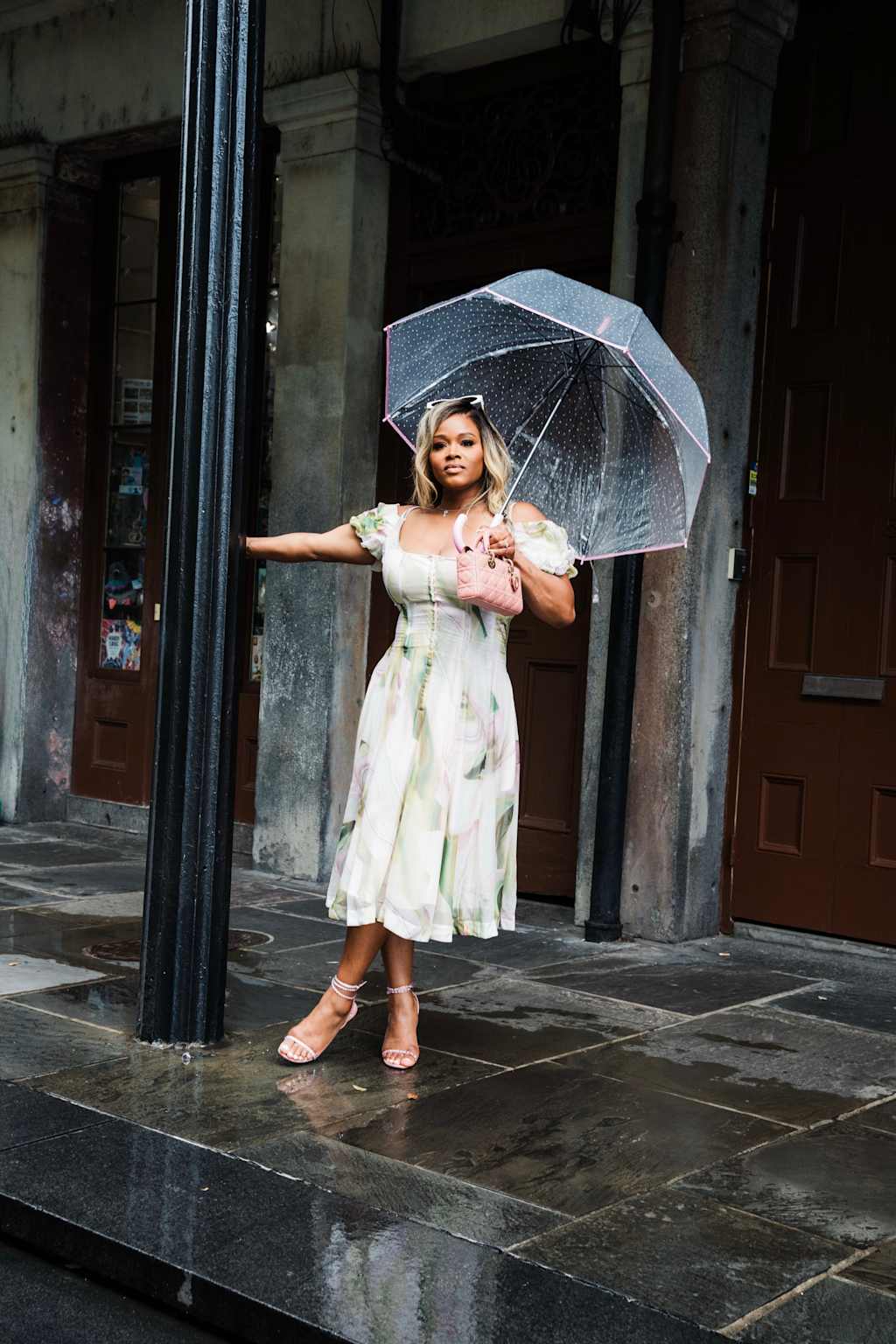 Pastel accessories and umbrella detail