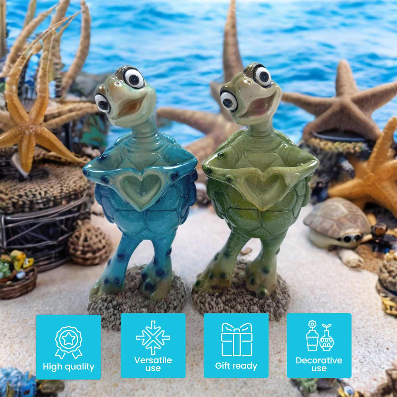 Blue and green turtle couple figurines holding hearts