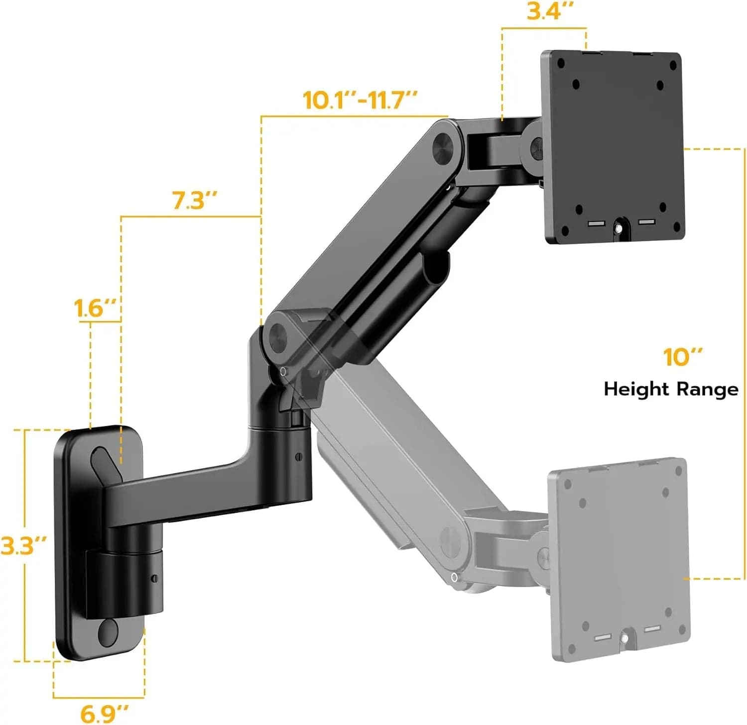 Wall Mount Monitor Arm - adjustable wall-mounted monitor bracket with dimensions