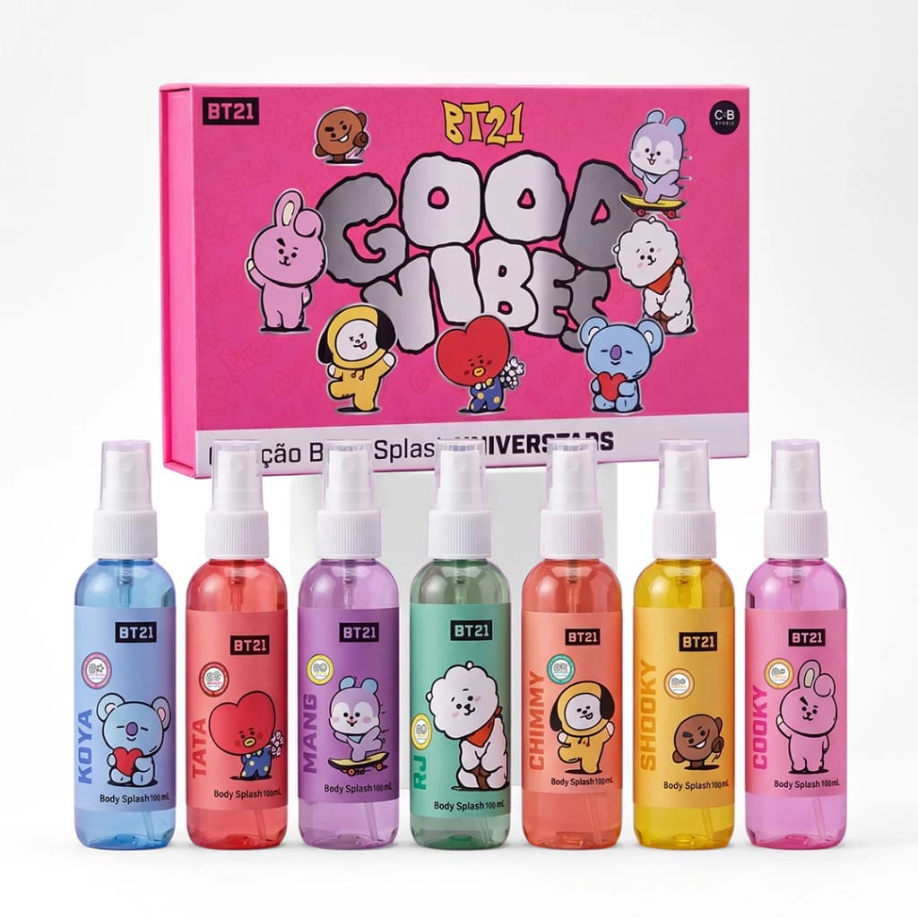 Coleção BT21 Universtars da Cia Beauty com sete body splashes
