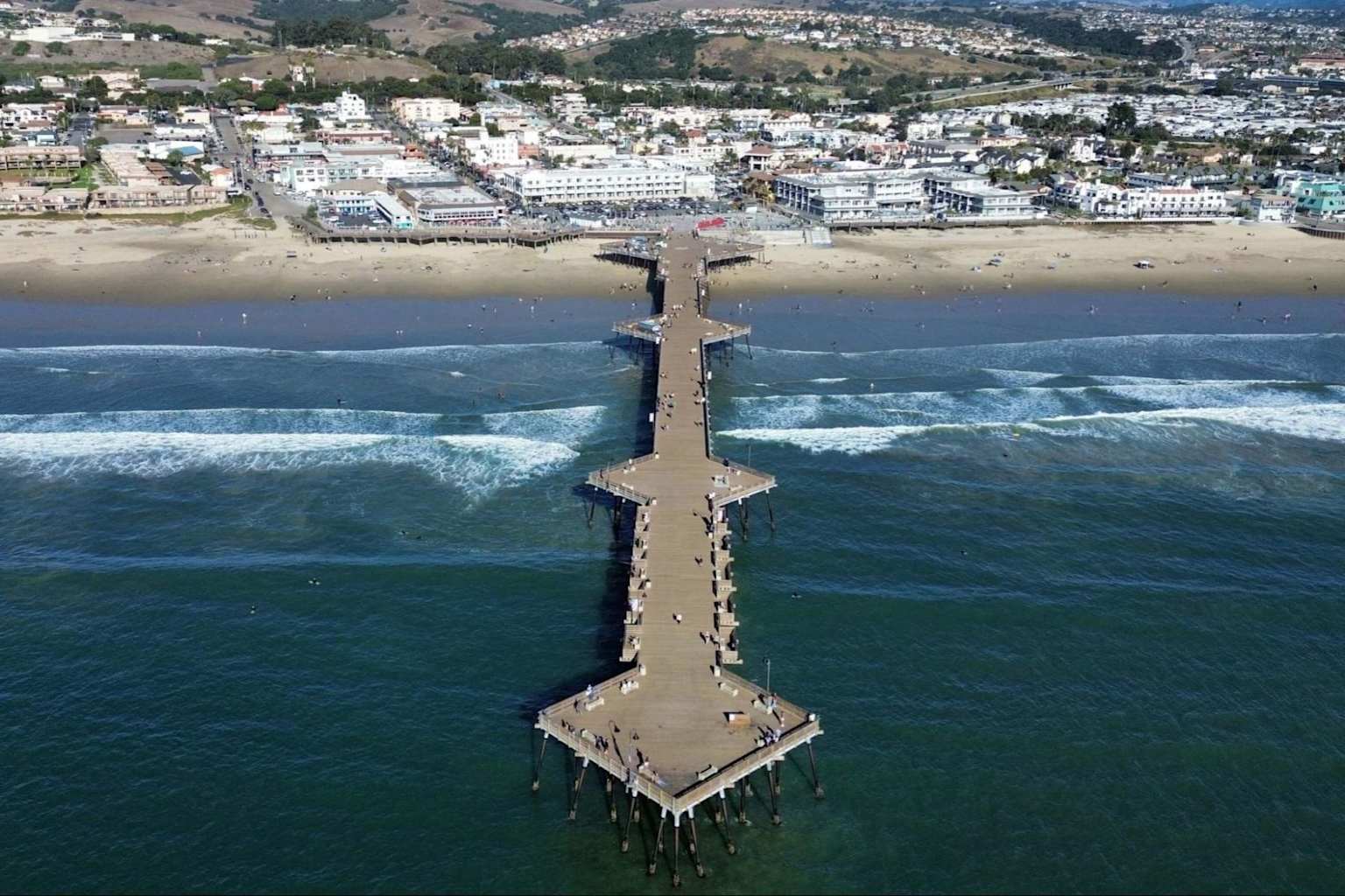 Aerial view of the Pismo Beach pier and plaza
