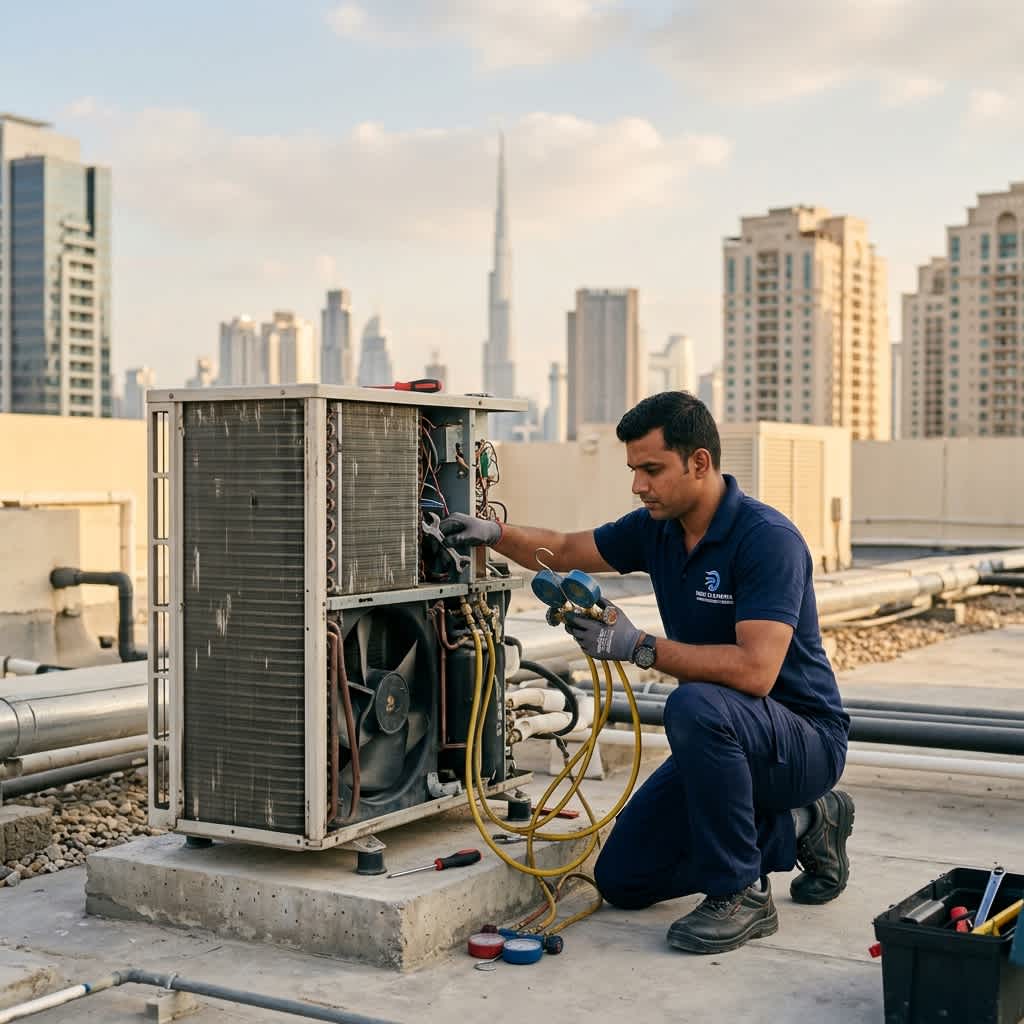 AC maintenance technician servicing outdoor unit on rooftop Dubai UAE