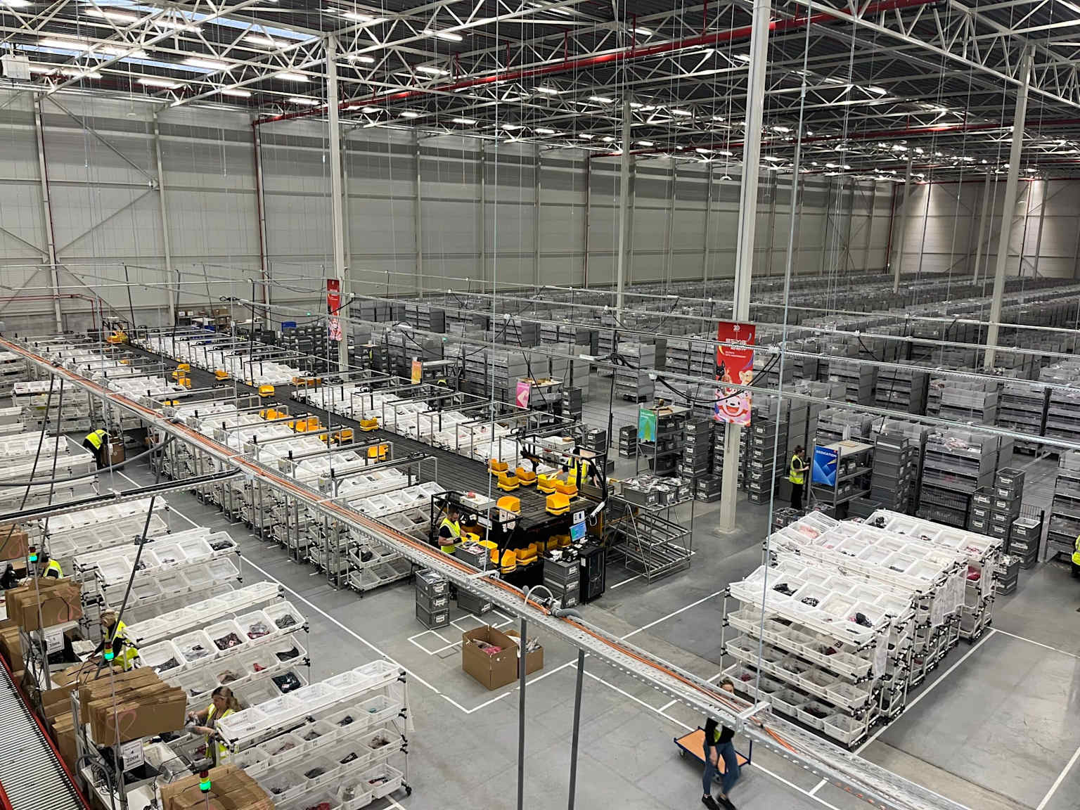 Aerial view of a large modern distribution warehouse with workers