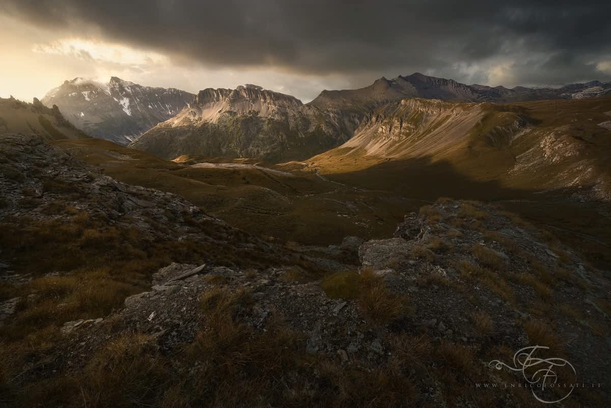 Dramatic mountain landscape with golden light