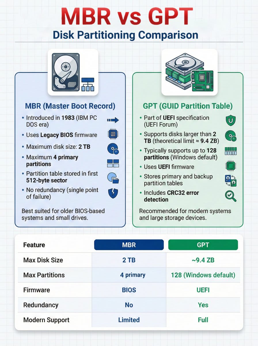 مخطط مقارنة بين نظامي التقسيم MBR و GPT