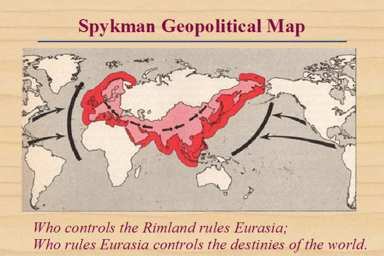 Spykman Rimland map with quote: Who controls the Rimland rules Eurasia