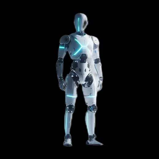 Humanoid robot with glowing cyan light strips
