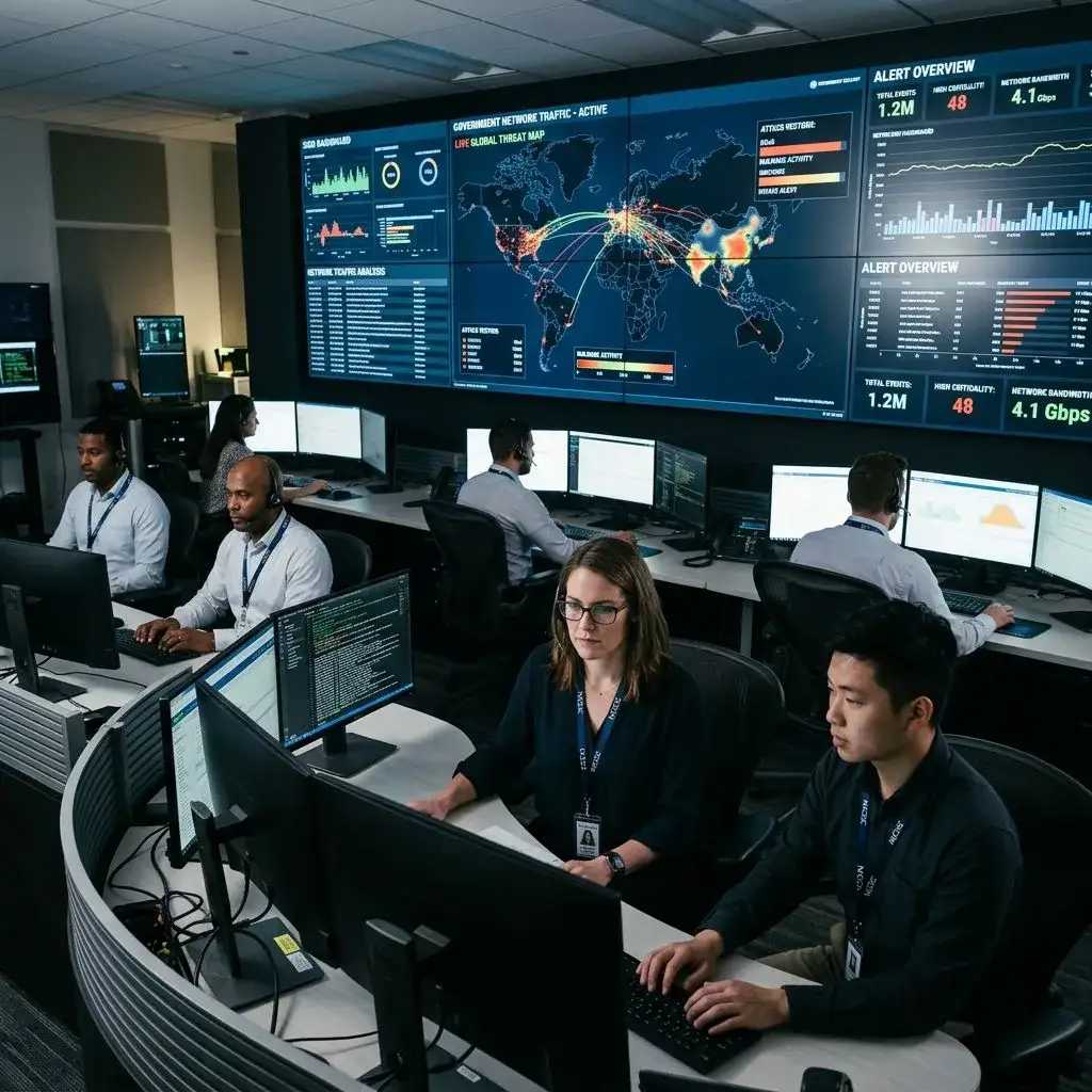 Government IT operations center with security dashboards