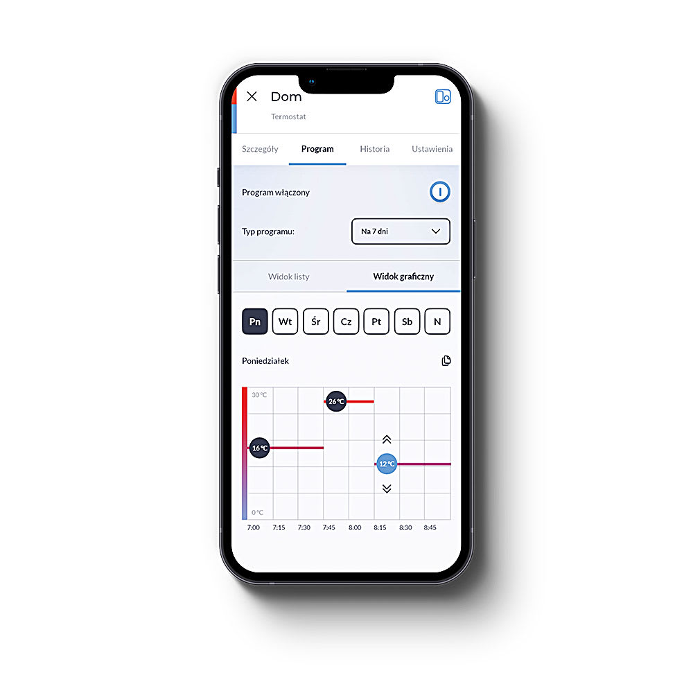 Smart thermostat scheduling app on a smartphone screen showing temperature graphs