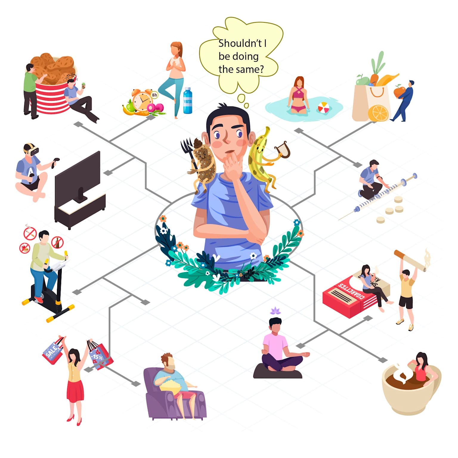 A comparison of a distracting workspace and a focused workspace, showing how environment affects creativity and concentration.