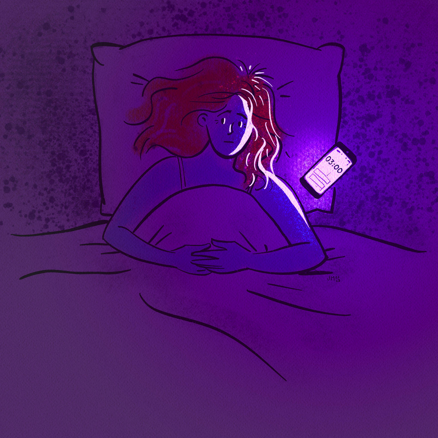 Illustrated person lying awake in bed at night looking at glowing phone screen — 3AM insomnia scenario