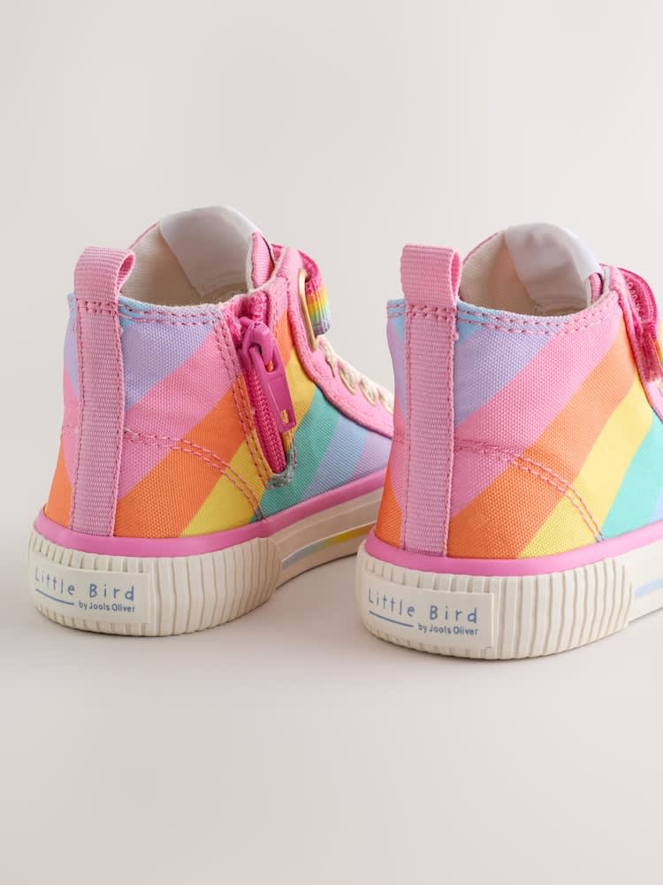 Children's colourful high-top sneakers showing UK and US size labels