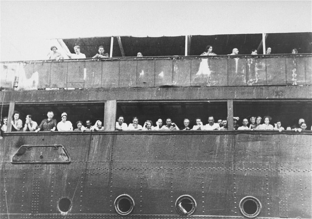 Jewish refugees from Nazi Germany packed on the deck of the MS St. Louis, 1939, denied entry by Cuba and the United States.