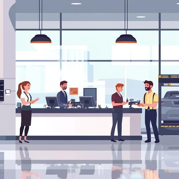 Illustrated dealership customer service and office team
