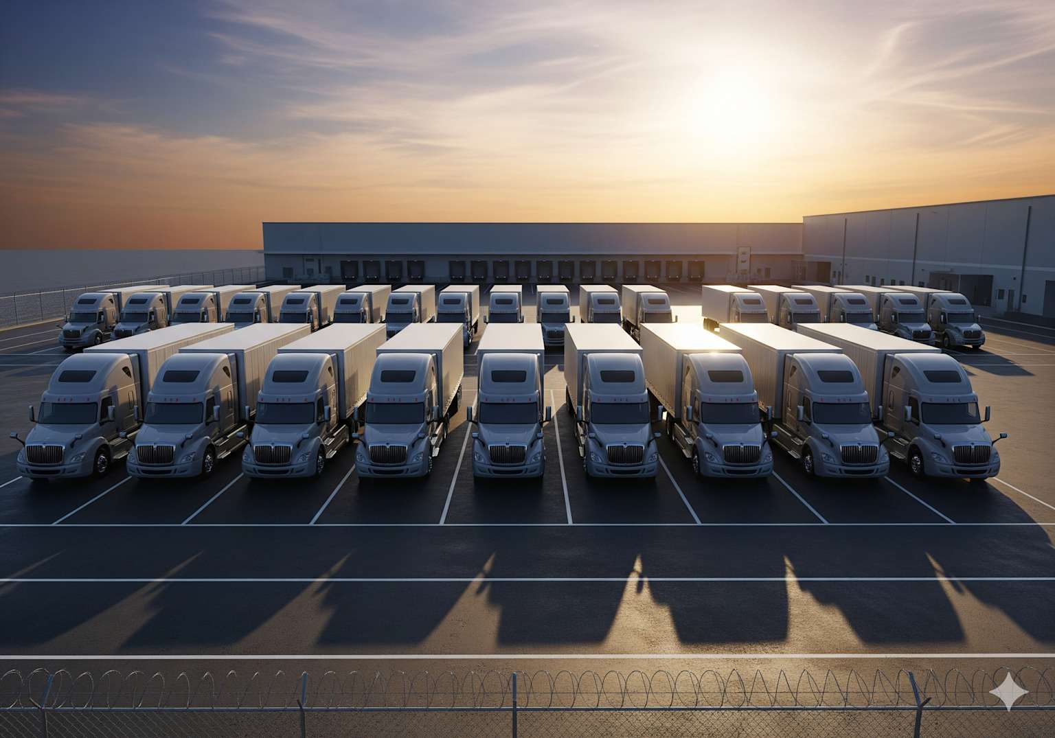 Flotte de camions garée sur un site logistique