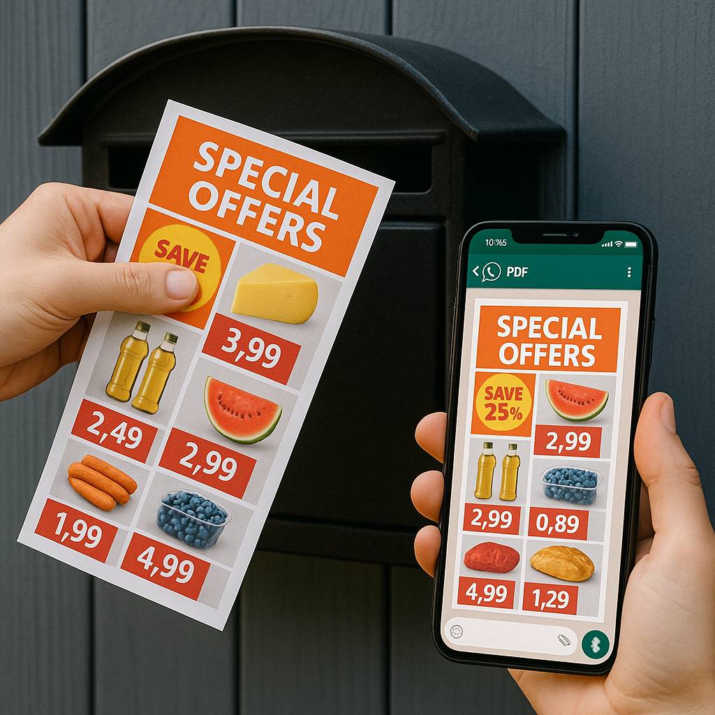 Volantini supermercato su carta e smartphone
