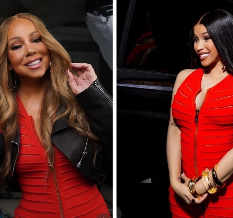 Mariah Carey and Cardi B in Balmain red knitted maxi dresses
