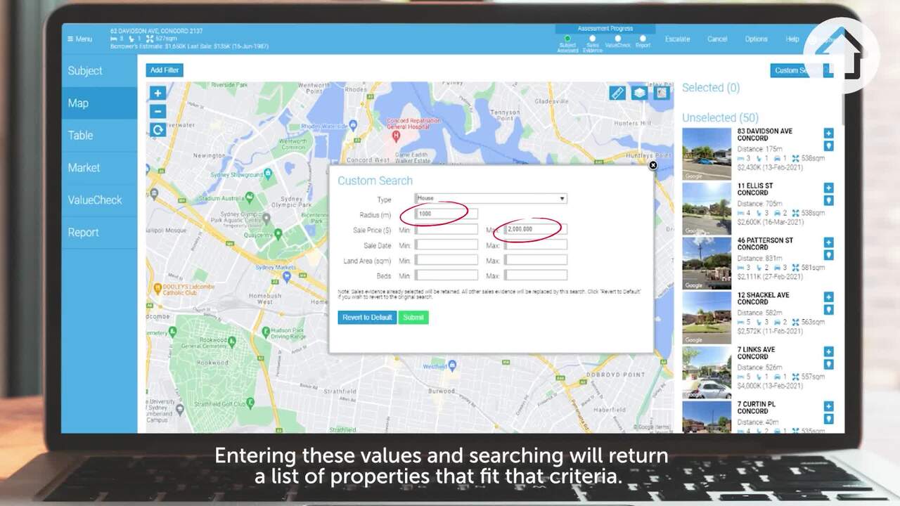 Property search map with filters open on a laptop