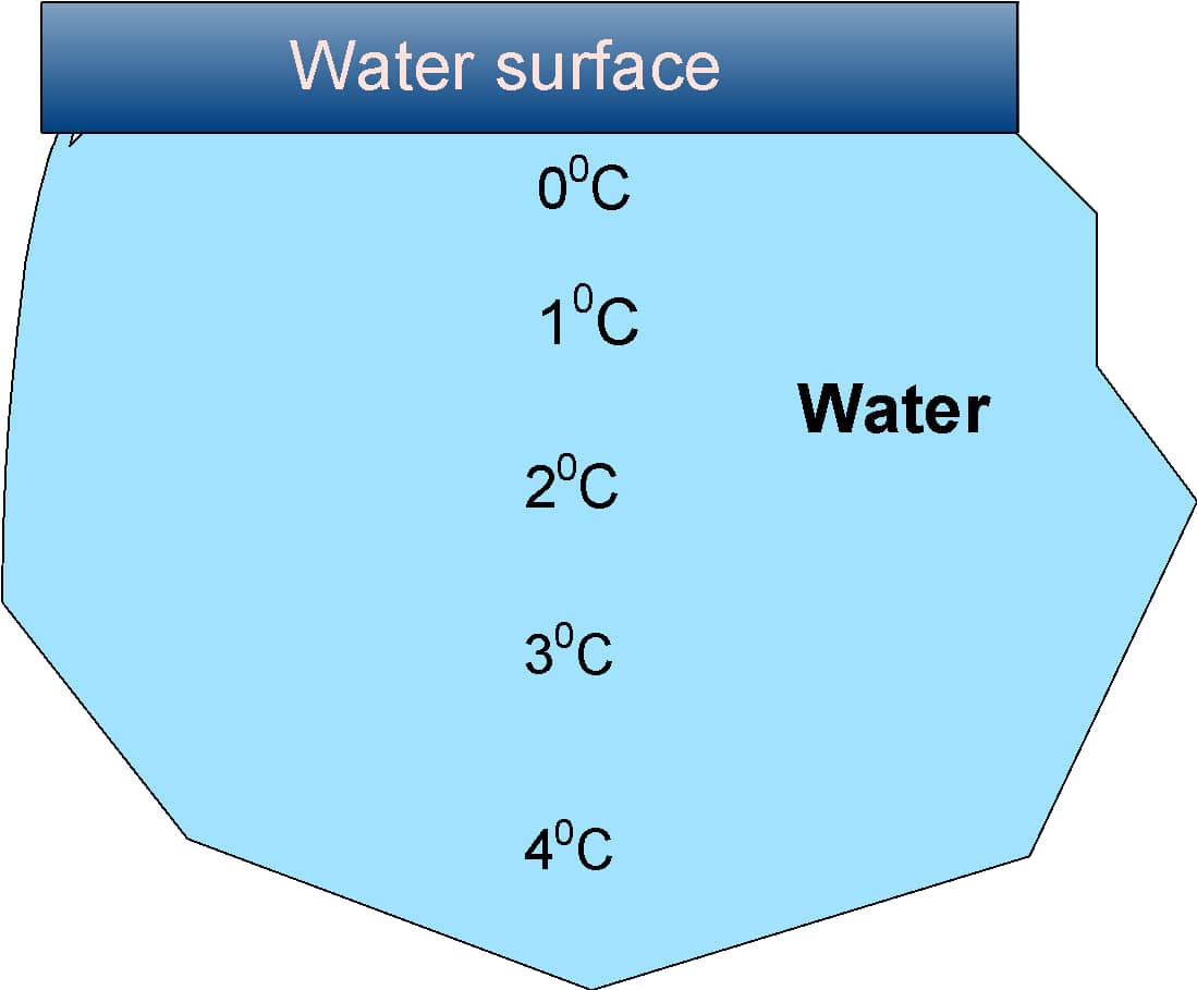 Diagram showing lake freezing from surface with temperature layers