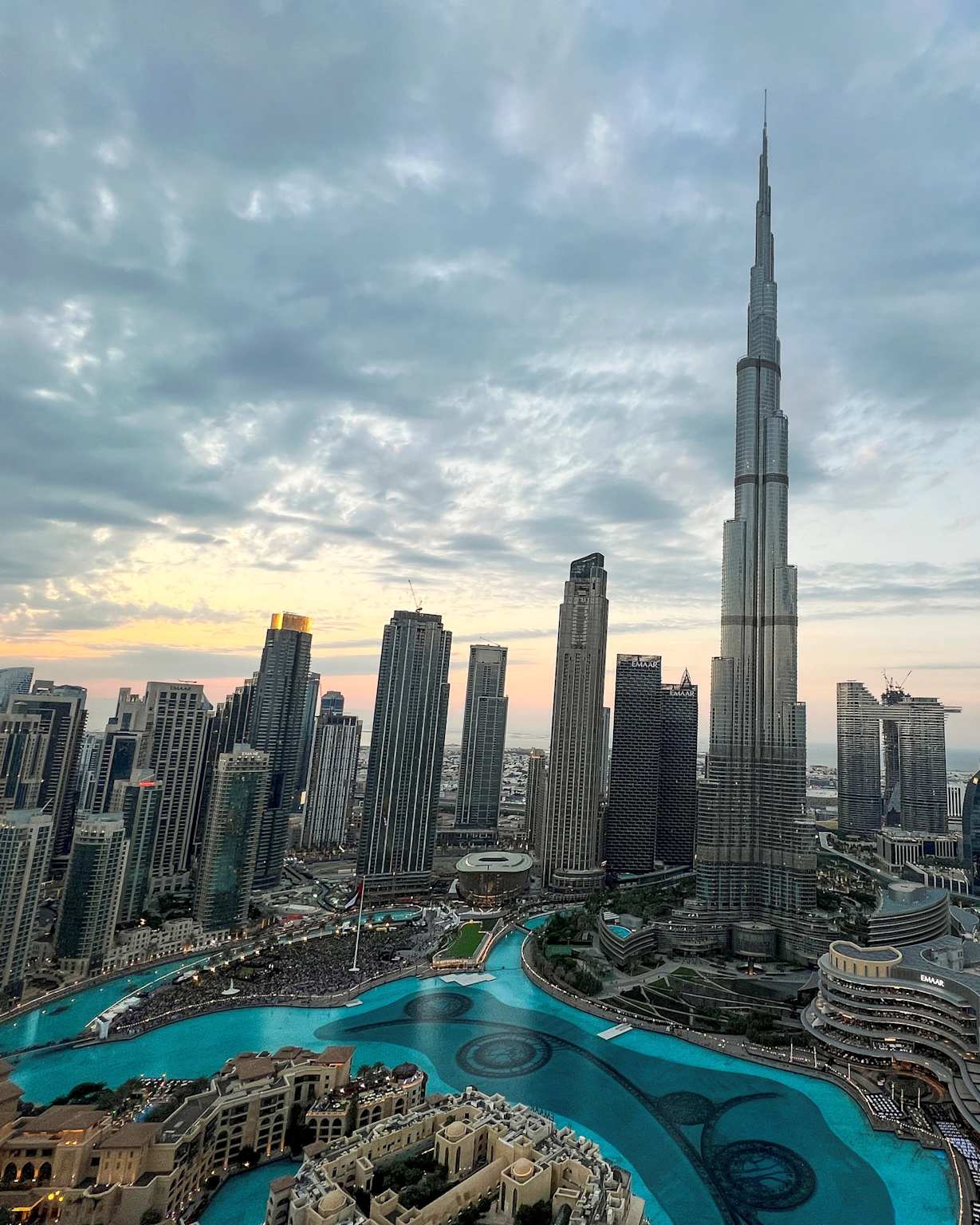 Dubai skyline with Burj Khalifa and illuminated highways
