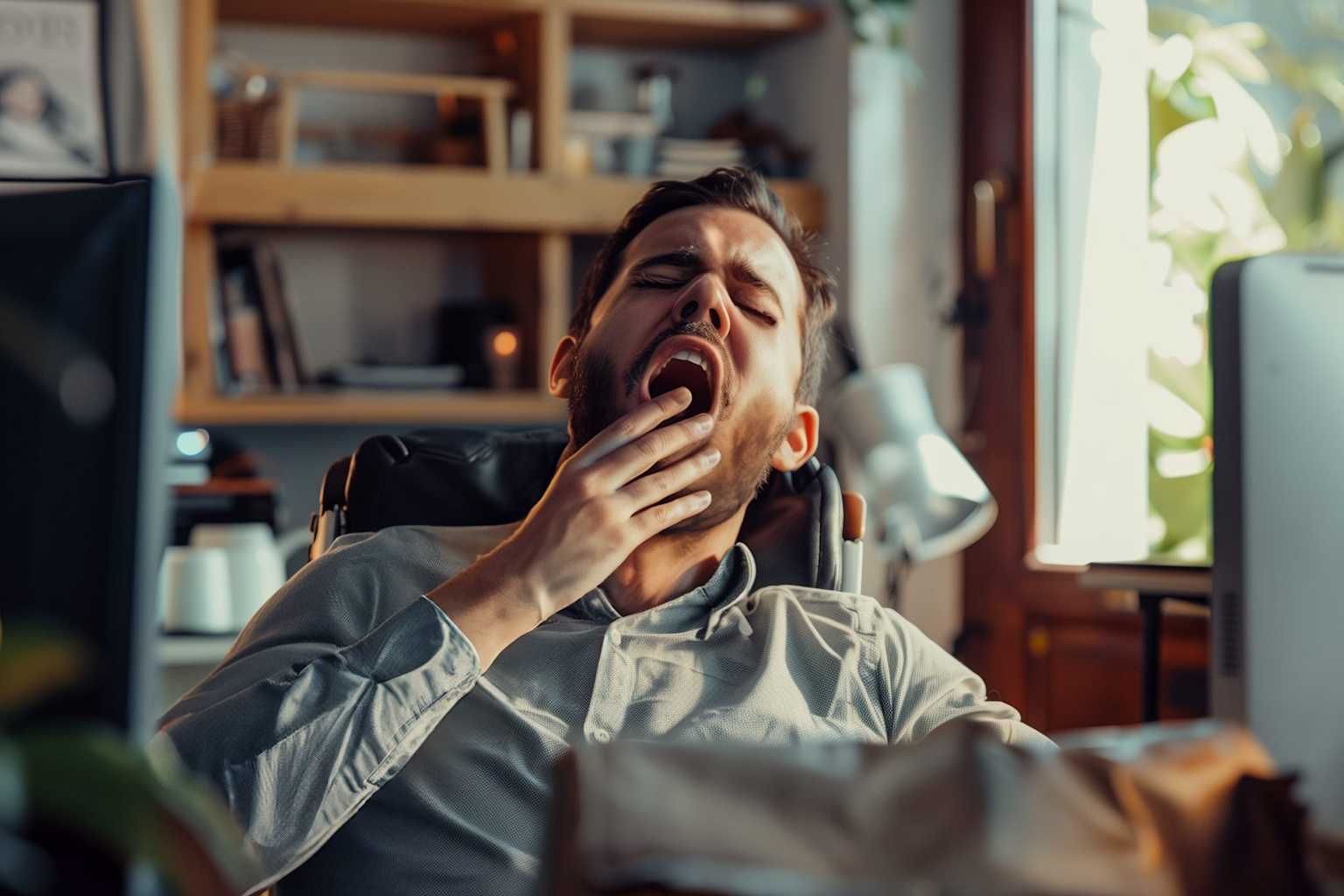Man yawning in a living room — chronic sleep deprivation causes cognitive impairment equivalent to being legally drunk