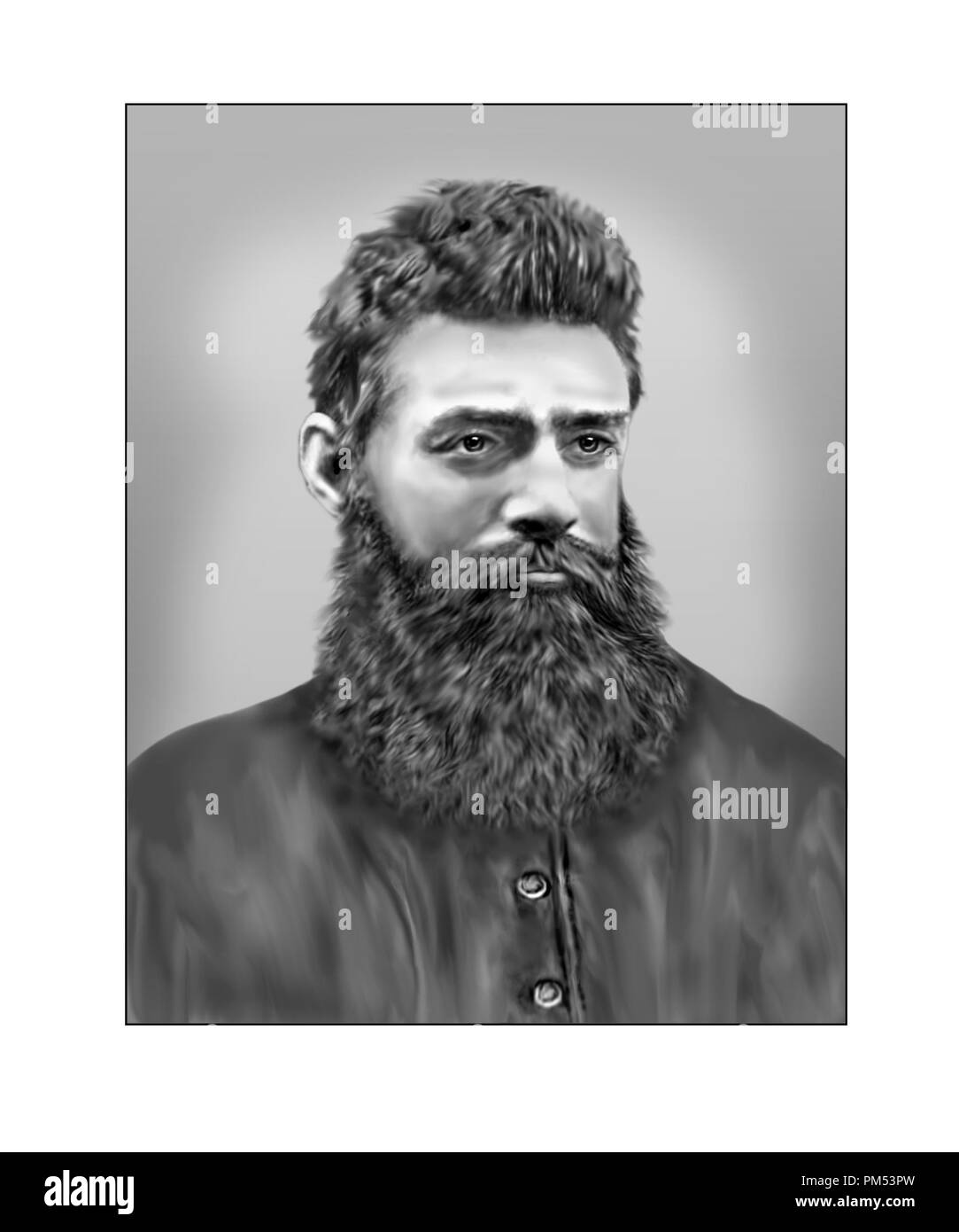 Black and white portrait of Ned Kelly, Australian outlaw