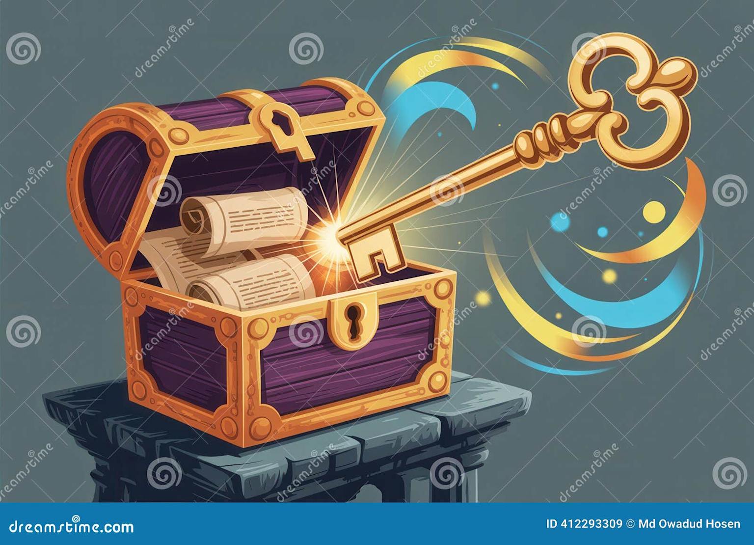 Golden key unlocking treasure