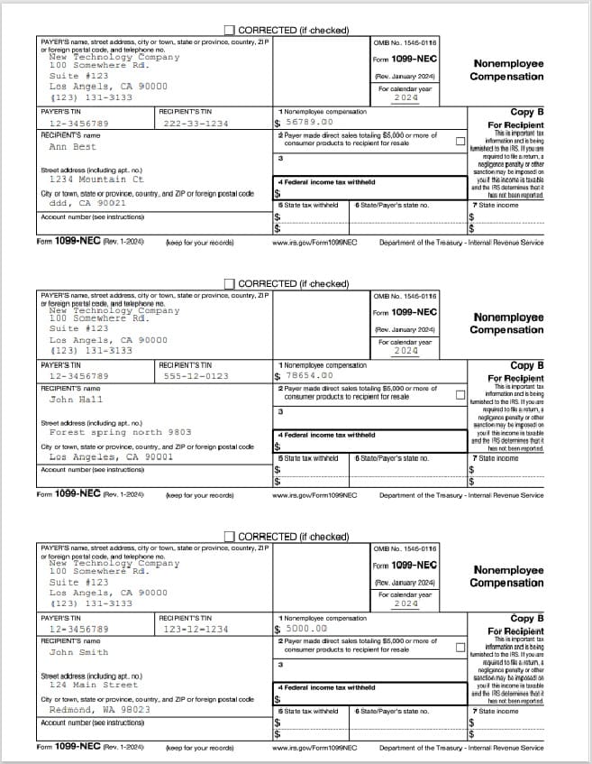 Ejemplo visual de un formulario 1099-NEC con etiquetas explicativas