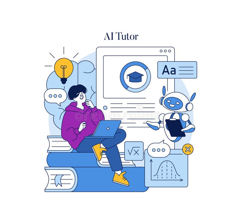 Illustration of a student sitting on books with a friendly AI tutor robot and an AI tutor dashboard on a large screen.