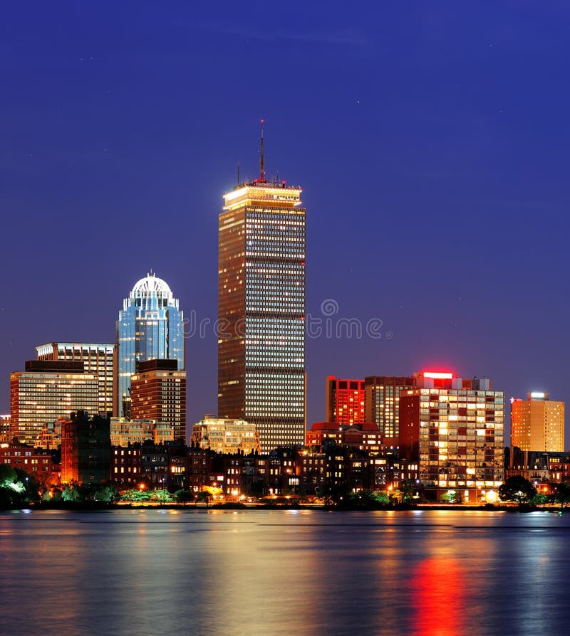 Boston skyline at night with city lights