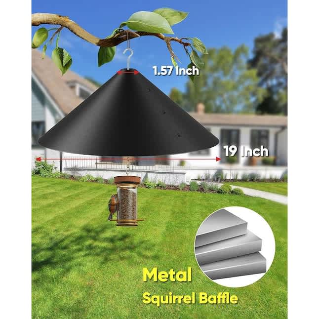 A conical metal squirrel baffle mounted on a bird feeder pole with measurement annotations