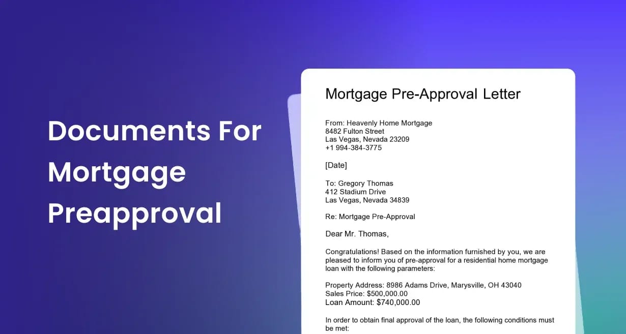 Graphic showing mortgage preapproval documents and a sample pre-approval letter