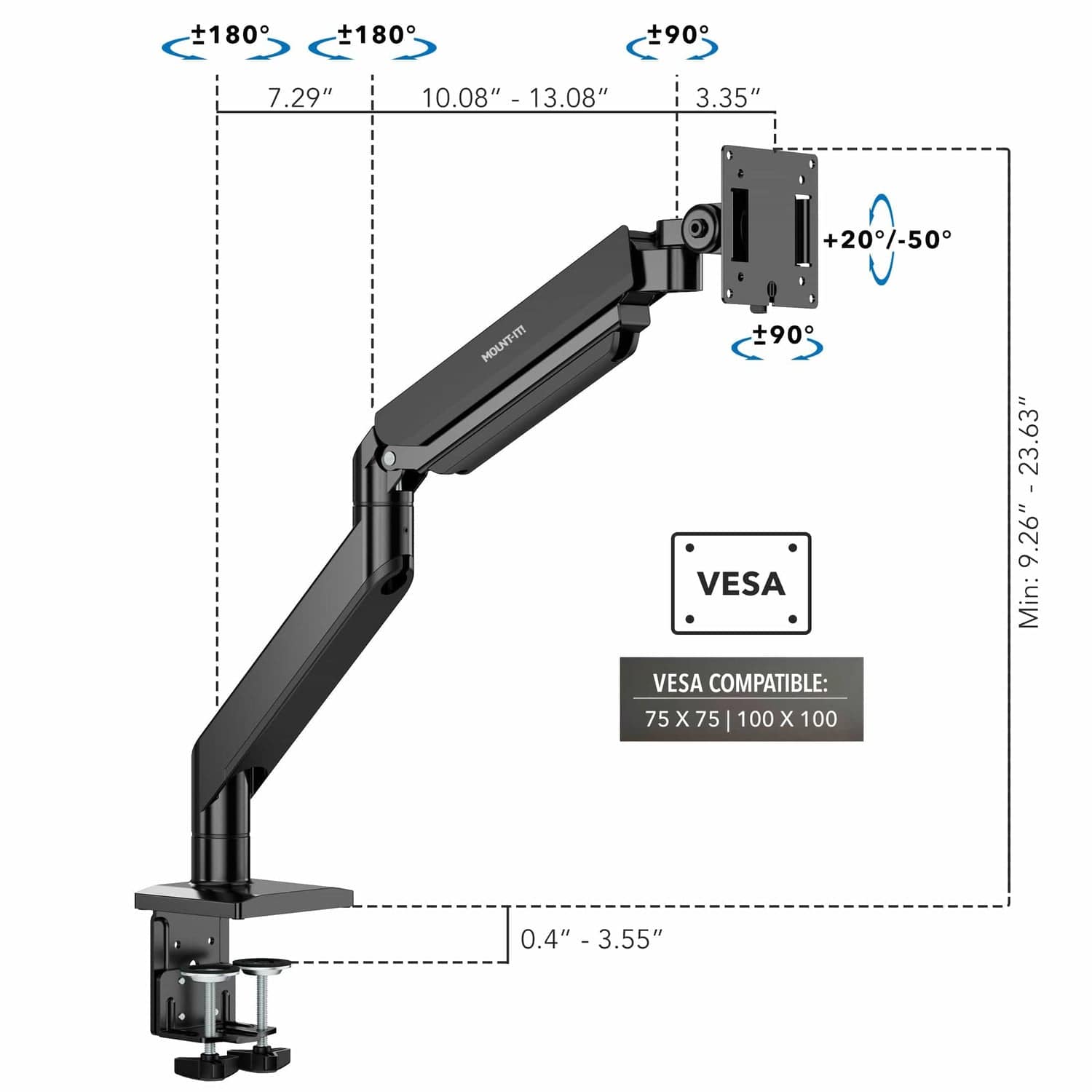 Heavy Duty Gas Spring Single Monitor Arm for 22-40 inch screens - product shot with VESA specs