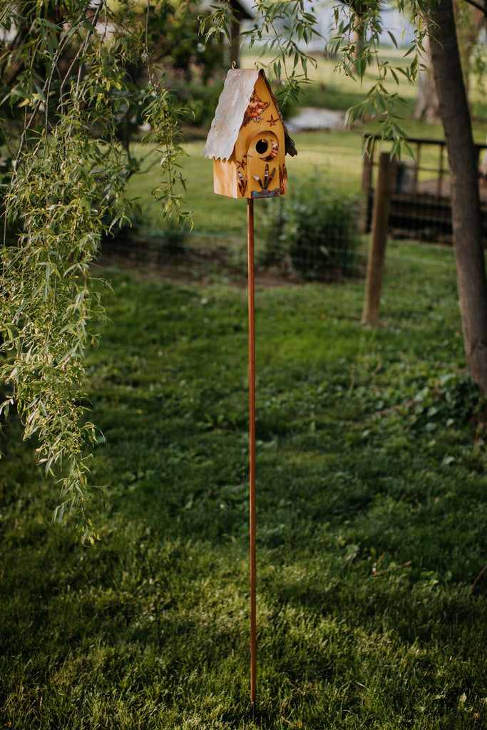 Wooden birdhouse on a smooth metal pole in a green backyard — the correct predator-proof mounting setup