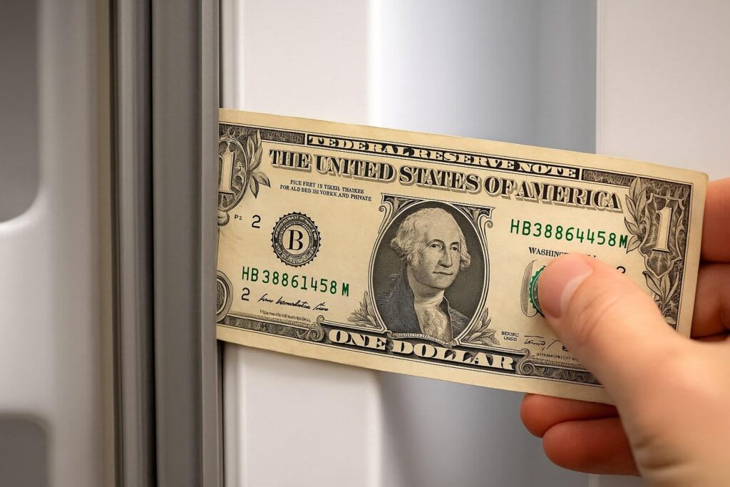 Testing a refrigerator door seal gasket with a dollar bill