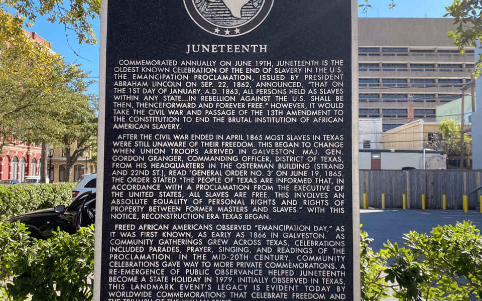 Juneteenth historical marker in Galveston, Texas.