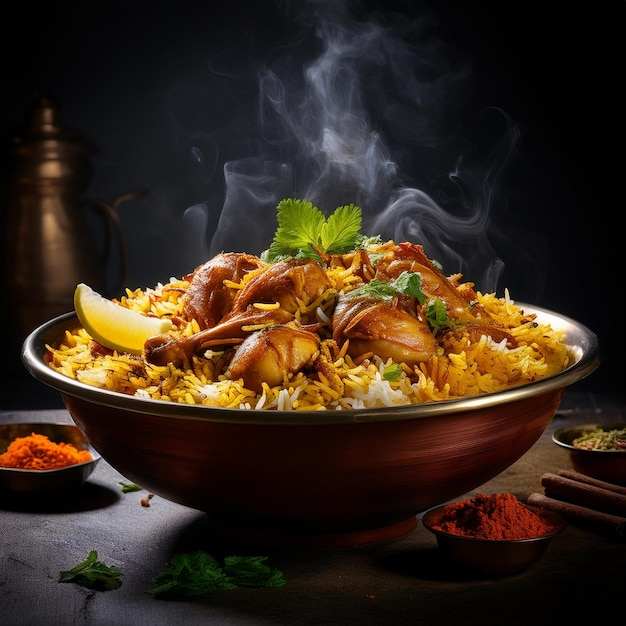 Biryani with saffron steam rising from a copper vessel on a dark surface