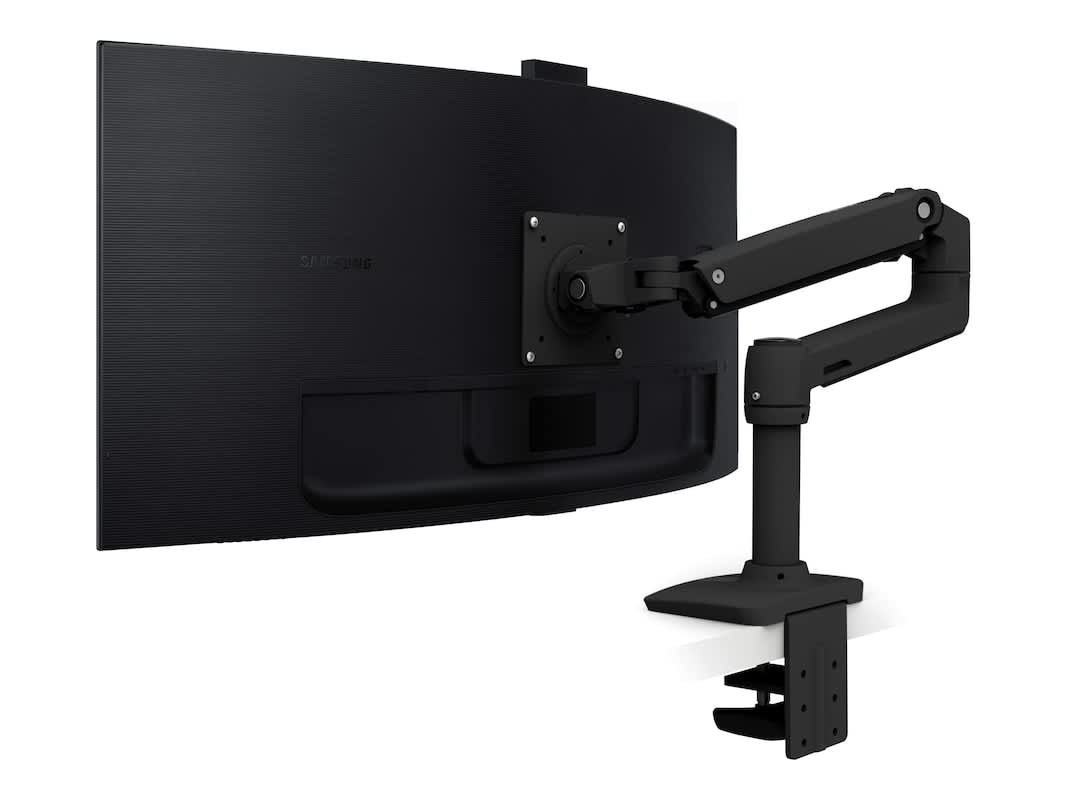 Ergotron LX Pro Desk Monitor Arm in matte black, adjustable single monitor mount on white background