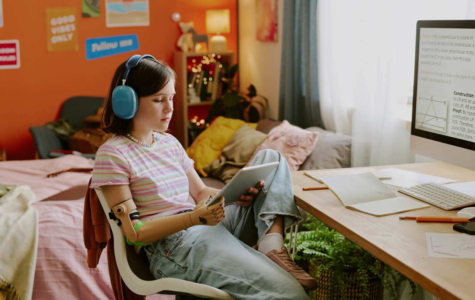 Student participating in online learning with accessible technology