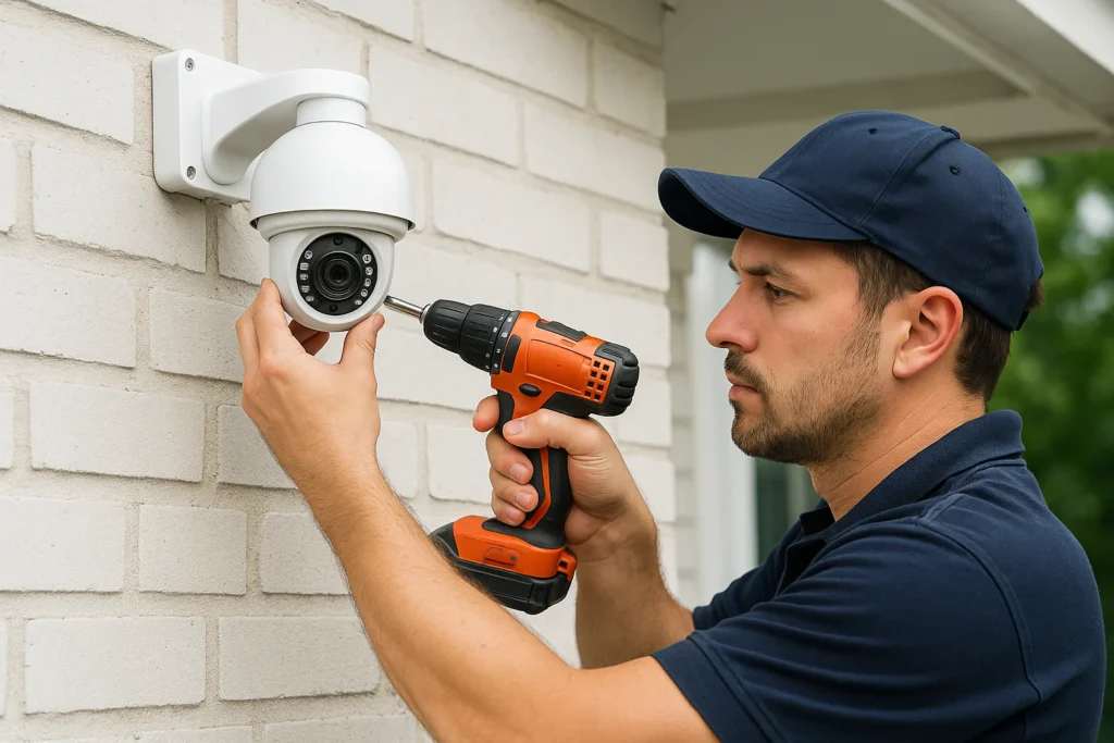 Technician installing CCTV security camera on wall for home and shop in Patna